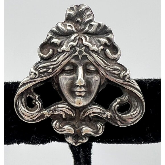 Antique Art Nouveau Sterling Silver Brooch Pin Repoussé Lady Goddess Face 925 - Picture 3 of 6